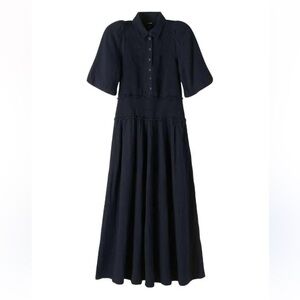 ME+EM Black Cheesecloth Shirred Maxi Shirt Dress US 4 Collared Button Front Midi